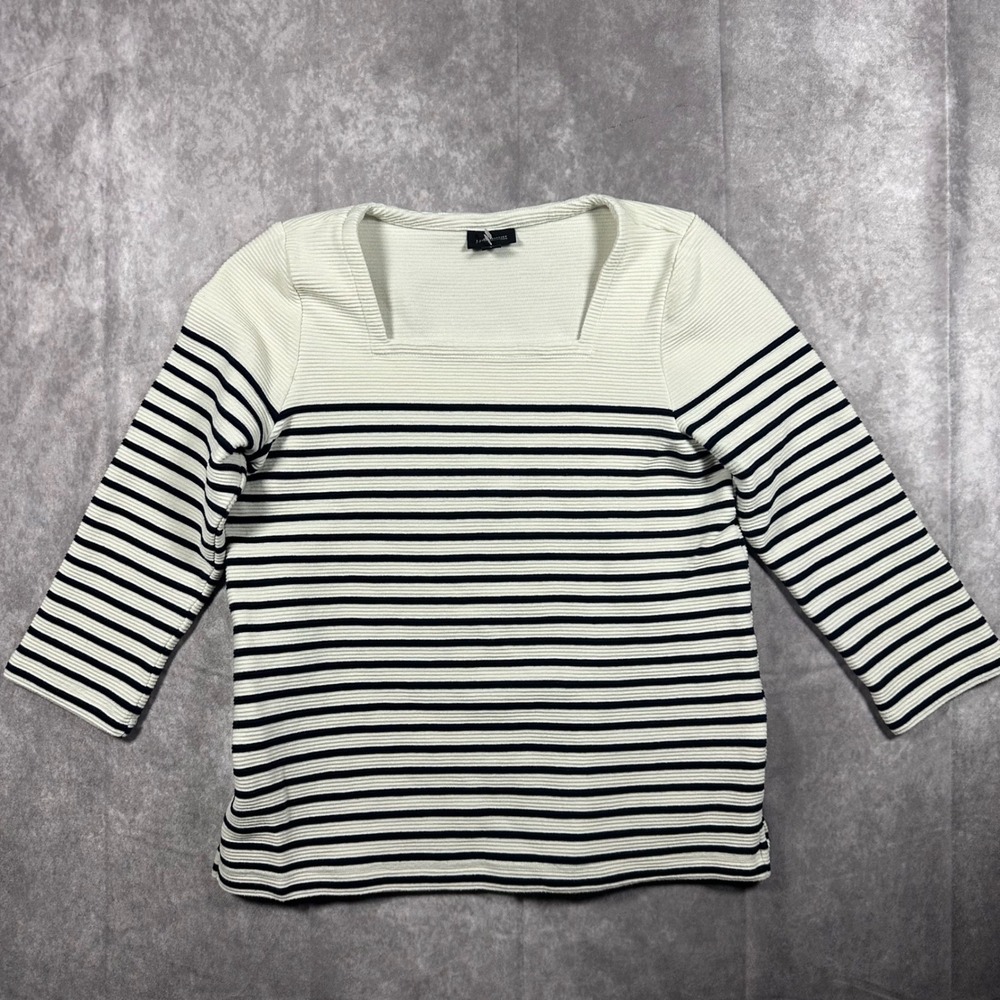 J Jill Womens Small Ribbed Square Neck Striped 3/4 Sleeve Knit Top White Black